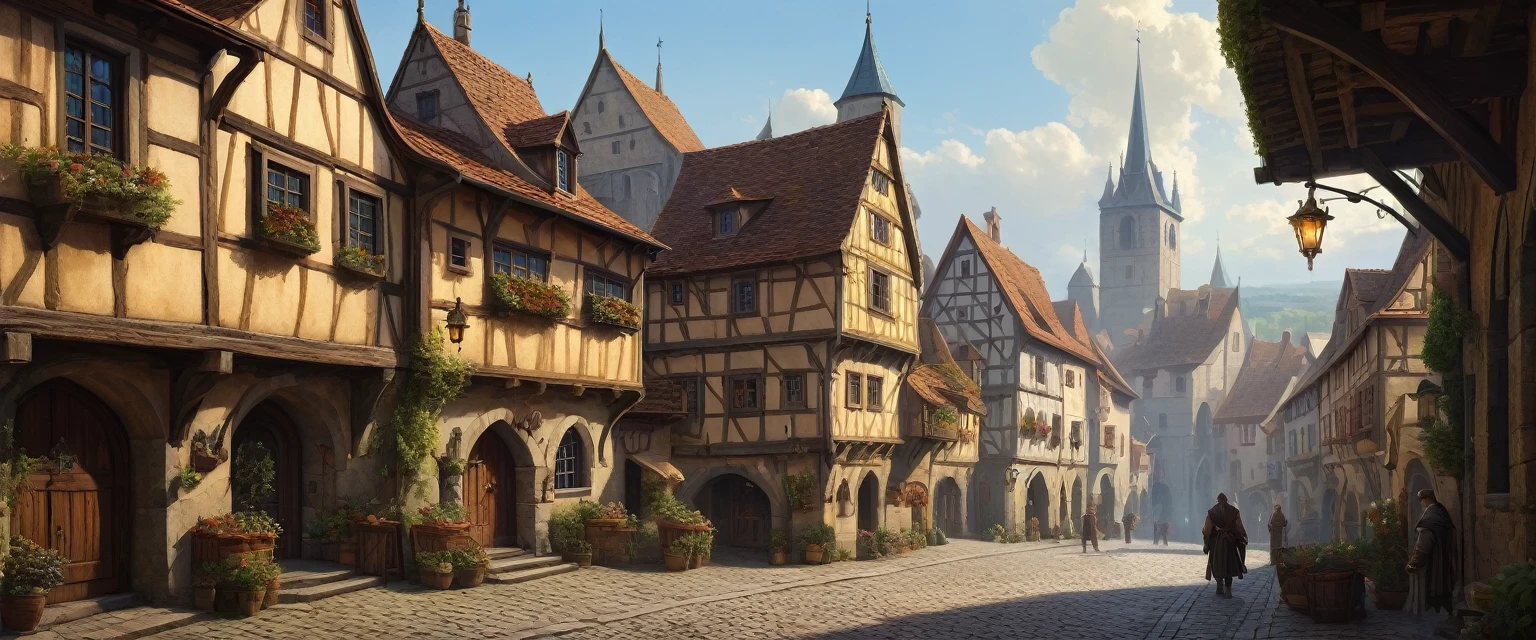 

((​masterpiece, high quality, artgerm, artstation, beautiful)), there is a painting of a man walking down a street in a medieval town, medeival Fantasiestadt, medieval town, medieval town, A busy, magical city, medieval fantasy art, Fantasiestadt setting, in a medieval town, medieval fantasy gaming, a medieval town, Fantasiestadt, medieval town landscape, medieval fantasy illustration, Burgstadt, Fantasy cityscape, inspired by michael whelan, andreas rocha, john howe, mœbius
