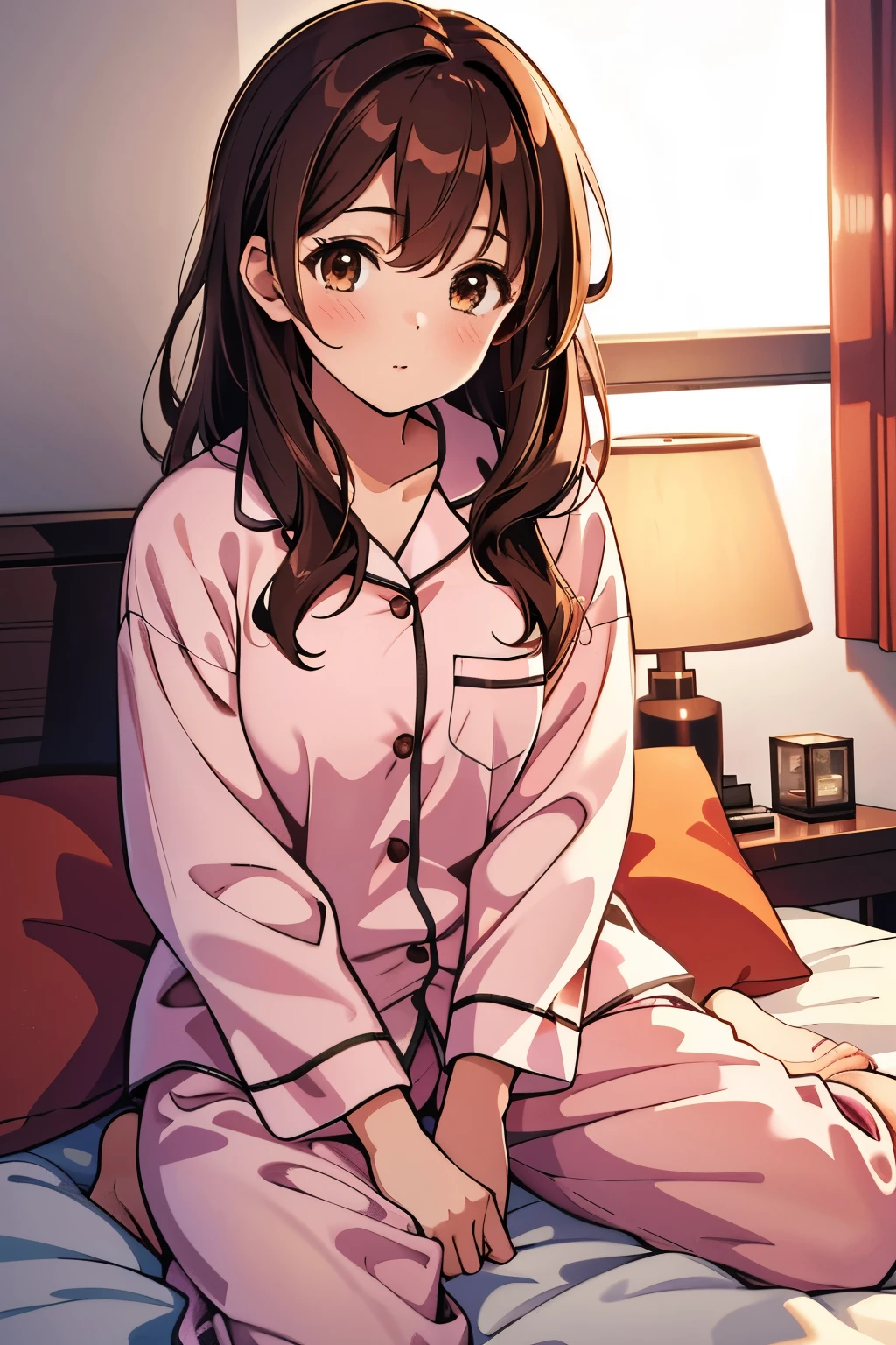 ((Highest quality, High resolution, Pixel perfect, 4K)), 1girl, pajamas, night, bedroom, brown hair, brown eyes,