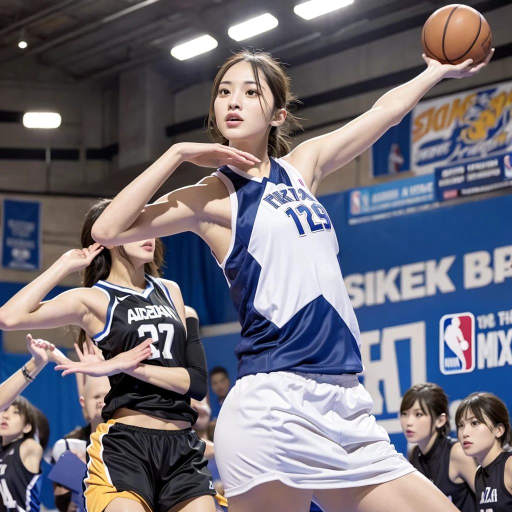 Sexy basketball player with hands up and showing armpits