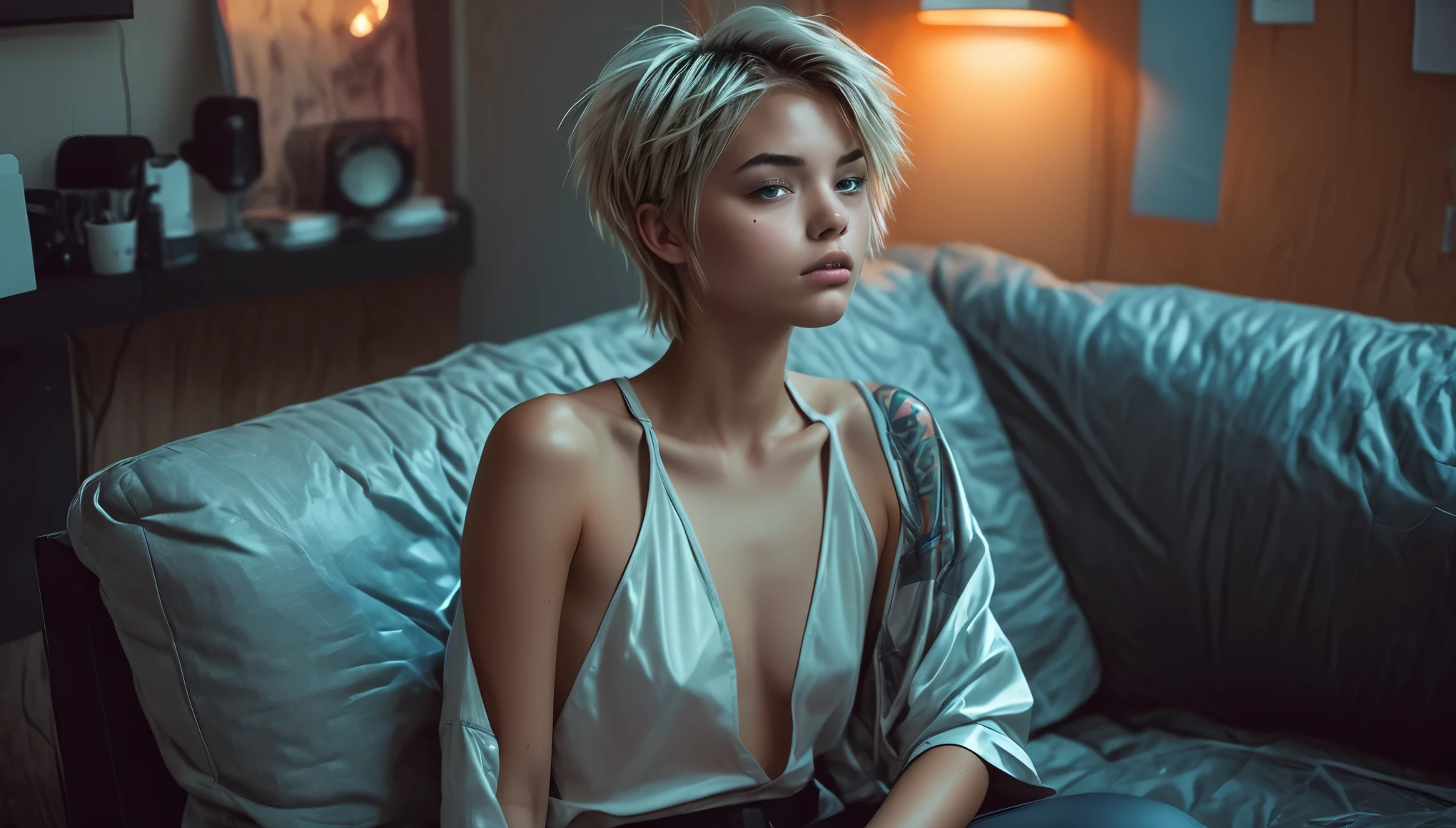 Top Quality, Masterpiece, High Resolution, 8k, ((r, 16 Yearomboy girl in short shiny oversized huddie with plunging neckline under the armpits und satin shorts, side boob, wide neckline, deep neckline, thin collar)), (bare belly, small perky breasts, detailed face, detailed eyes, detailed thin eyebrow, detailed lips, small hips, no makeup, beauty spot, some tattoos), ((tomboy, Tomboy Style, tomboyish)), (short messy hair, red), (((in a cyberpunk apartment, on the couch, playing a video game, moody atmosphere, very dimm light, dramatic and neon colors, futuristic setting, intricate details, at night, random pose, neon colors))), full body view, cyberpunk atmosphere