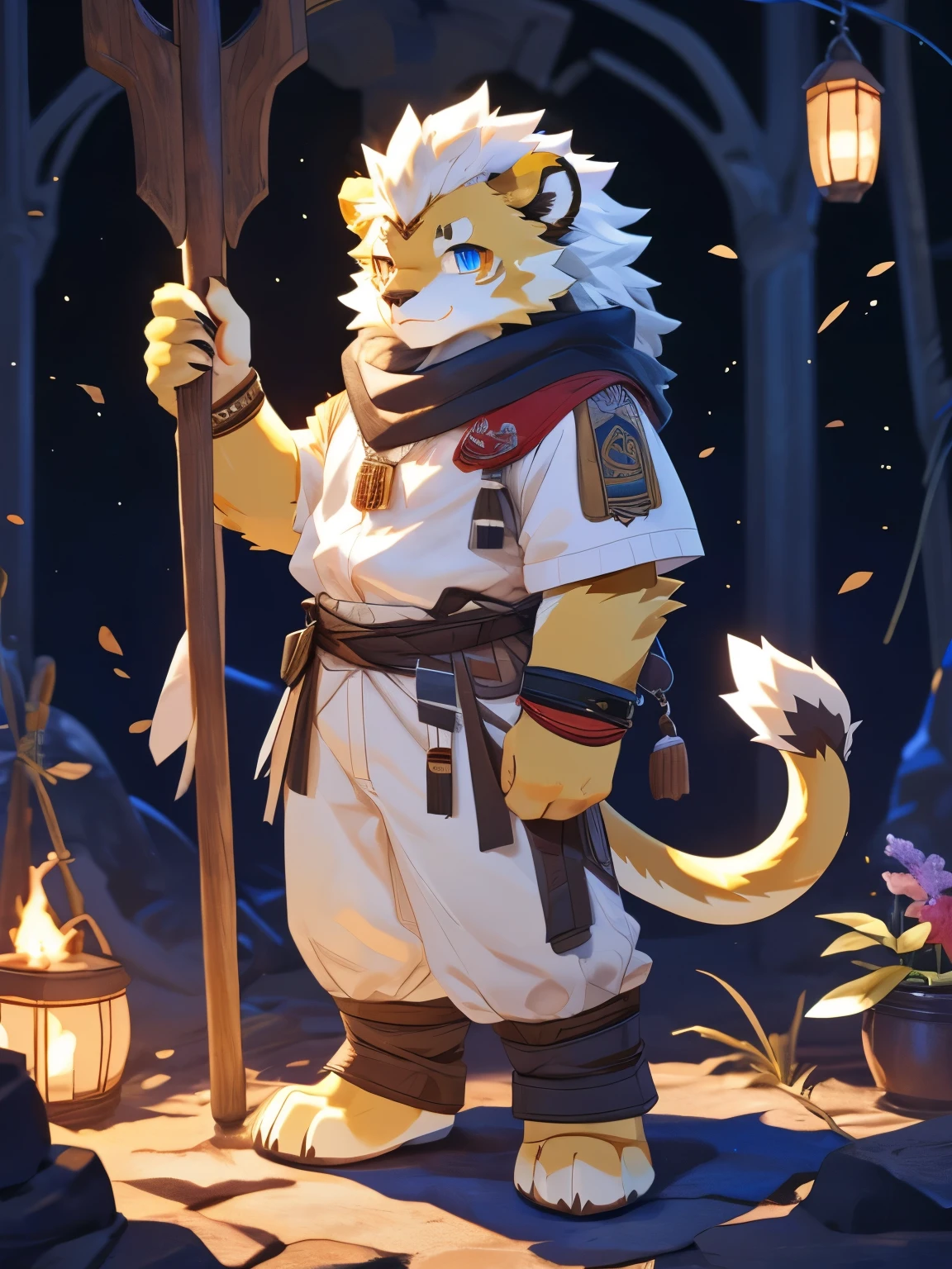 nj5furry，kemono，full-length portrait，anthro，hi res，male，youth，lion，strong，Adventurer，Fluffy hair，Plush paw，A tail，Delicate eyes，Detailed eyes