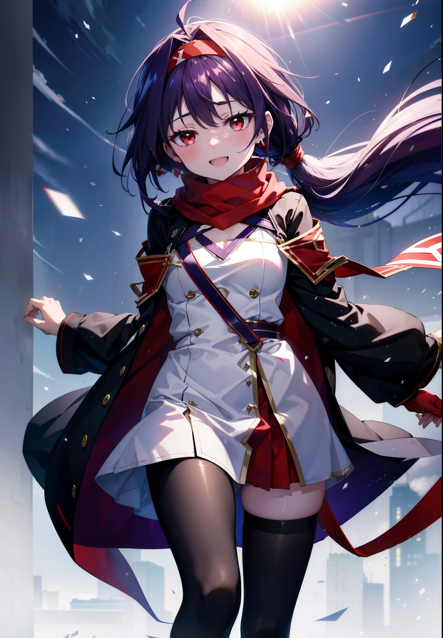 yuukikonno, Konno Yuuki, Long Hair, Pointed Ears, Purple Hair, (Red eyes:1.5), (Small breasts:1.2), Open your mouth,happy smile, smile, Open your mouth,hair band,low ponytail,Red Scarf,Purple long coat,V-neck sweater,Long skirt,Black pantyhose,short boots,snowが降っている,snowが降り積もっている,snow,snow,snow,snow,winter,Cold night,Walking,whole bodyがイラストに入るように,Looking down from above,
break looking at viewer, whole body,
break outdoors, In town,
break (masterpiece:1.2), Highest quality, High resolution, unity 8k wallpaper, (figure:0.8), (Beautiful attention to detail:1.6), Highly detailed face, Perfect lighting, Highly detailed CG, (Perfect hands, Perfect Anatomy),