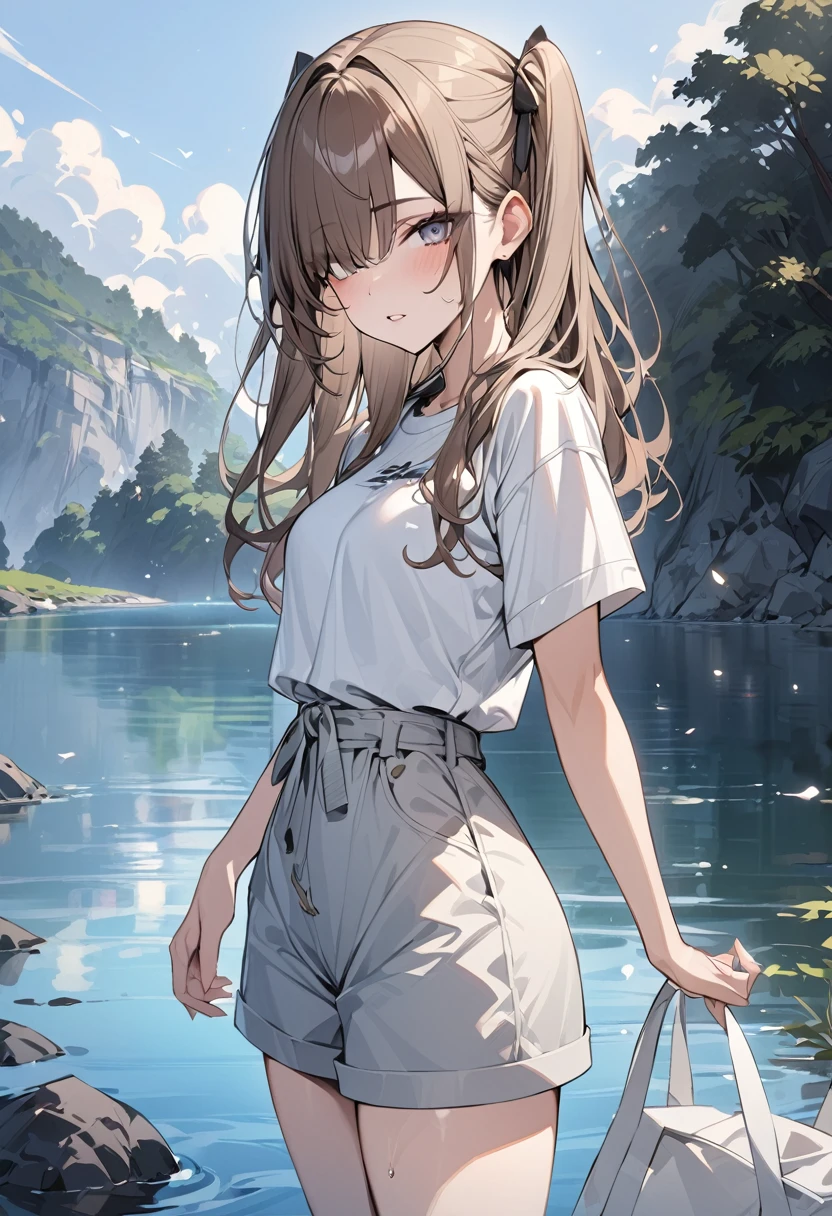 Highest quality　masterpiece　High resolution　masterpiece　Brown Hair　Cover one eye　Grey Eyes　two side up　Casual clothing　Standing on the lake