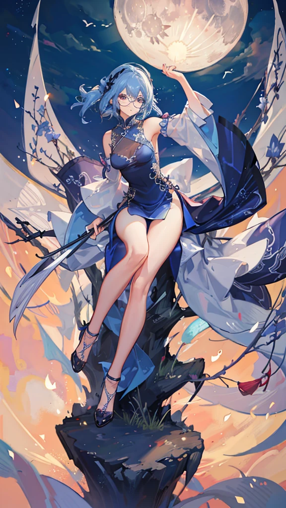 Beauty, Glasses, Blue Hair, semi-long, Diva, Moonlit Night, Chinese clothing, 