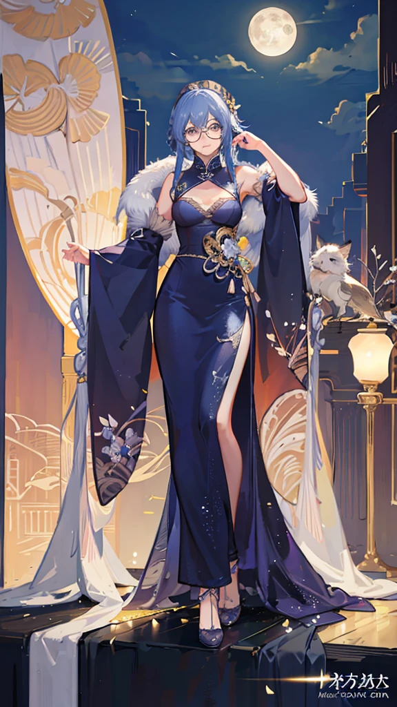 Beauty, Glasses, Blue Hair, semi-long, Diva, Moonlit Night, Chinese clothing,