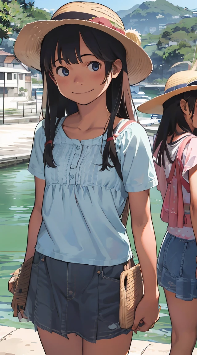 masterpiece, Highest quality, High resolution, Very detailed,(((Multiple Girls))), (((Three Girls)))、(((Straw hat。)))、(((smile)))、(((Waterfront)))、skirt, Shorts, Plants