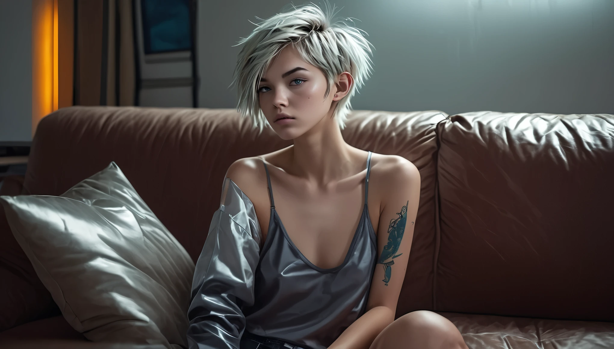 Top Quality, Masterpiece, High Resolution, 8k, ((r, 16 Yearomboy girl in short shiny oversized huddie with plunging neckline under the armpits und satin shorts, side boob, wide neckline, deep neckline, thin collar)), (bare belly, small perky breasts, detailed face, detailed eyes, detailed thin eyebrow, detailed lips, small hips, no makeup, beauty spot, some tattoos), ((tomboy, Tomboy Style, tomboyish)), (short messy hair, red), (((in a cyberpunk apartment, on the couch, playing a video game, moody atmosphere, very dimm light, dramatic and neon colors, futuristic setting, intricate details, at night, random pose, neon colors))), full body view, cyberpunk atmosphere