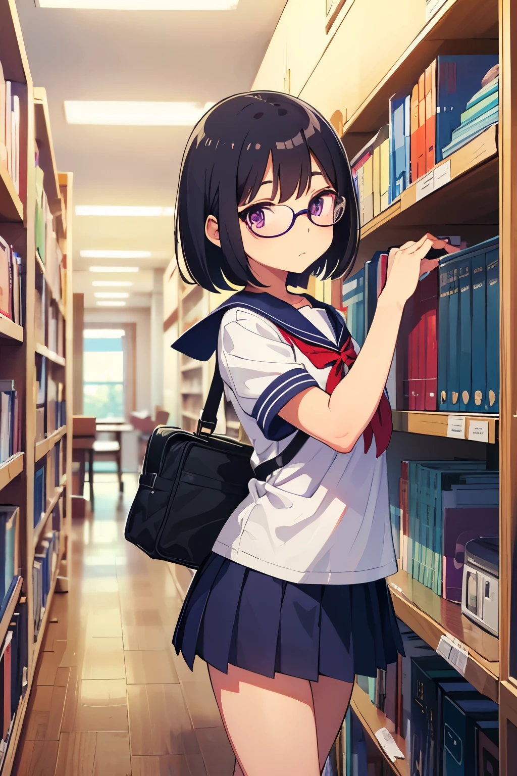 , 8 years old, toddler　Fblack hair, srt bob　Glasses　 Purple Eyes 　（One person） White upper body, short-sleeved sailor uniform　Navy blue mini skirt　White panties　（（I can see her panties））　White socks　sneakers　 School Library　Standing in front of a bookshelf　 Dynamic Angle　Low - Angle