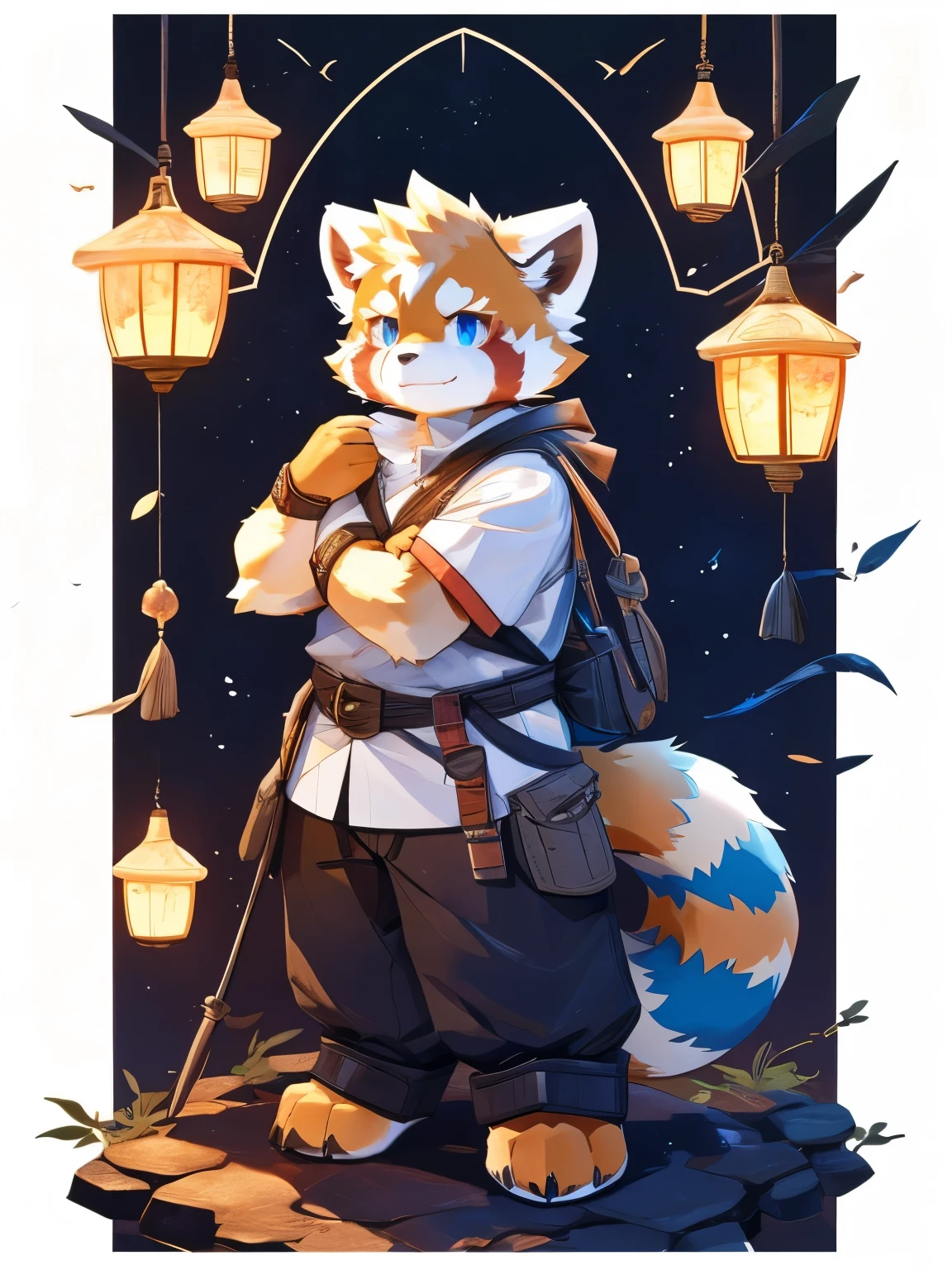 nj5furry,kemono,full-length portrait,anthro,hi res,male,youth,Red Panda,strong,Adventurer,Fluffy hair,White plush paw,A tail,Delicate eyes,Detailed eyes
