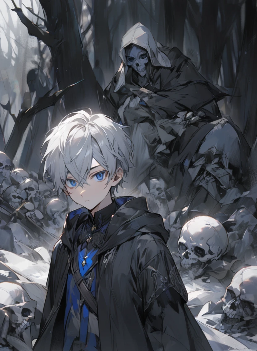 young man ,Male Dark, dark Woods, cold gray colors, man white hair with blue eye, Warlock dnd , Skeleton army in background