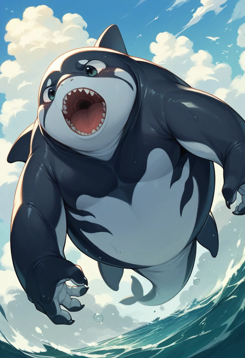 a large octopus, a orca-like kemono creature, a young surfer, black tentacles, a stormy sea, a clear sky