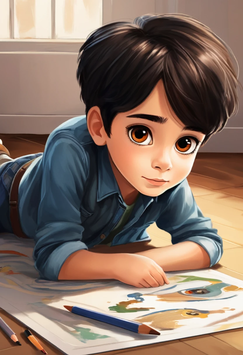 Make a picture of a seven year old boy with dark black hair and brown eyes, lying on the floor drawing