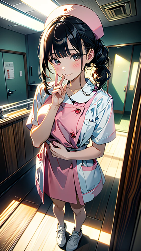 (8k, RAW Photos, 最high quality, masterpiece:1.2), high qualityのRAWカラー写真, Professional photo shoot, Cinematic Light, alone, (((young woman, Gal))), (Sharp features), (Small face), (Skin with attention to detail:1.2), clavicle, Cute Face, Beautiful appearance, Long eyelashes,Girl Turning Around, smile, (Black Hair, Tied Hair),  nurse, mini skirt, White sneakers,,Embarrassed, Artistic painting,Attractive thighs, (Very nice touch:1.2),はにかんだsmile), Peaceful atmosphere, Oil painting style, Bright colors, (Are standing:1.5, Inside the hospital, Full body portrait), Smooth texture, Gazing Eyes, Beautiful Skin, Glowing Skin, ((Perfect Fingers, Five Fingers, Anatomically correct)), Background Blur, high quality, Surreal, ((Very detailed, photo shoot)),Many people々、blush、Plump