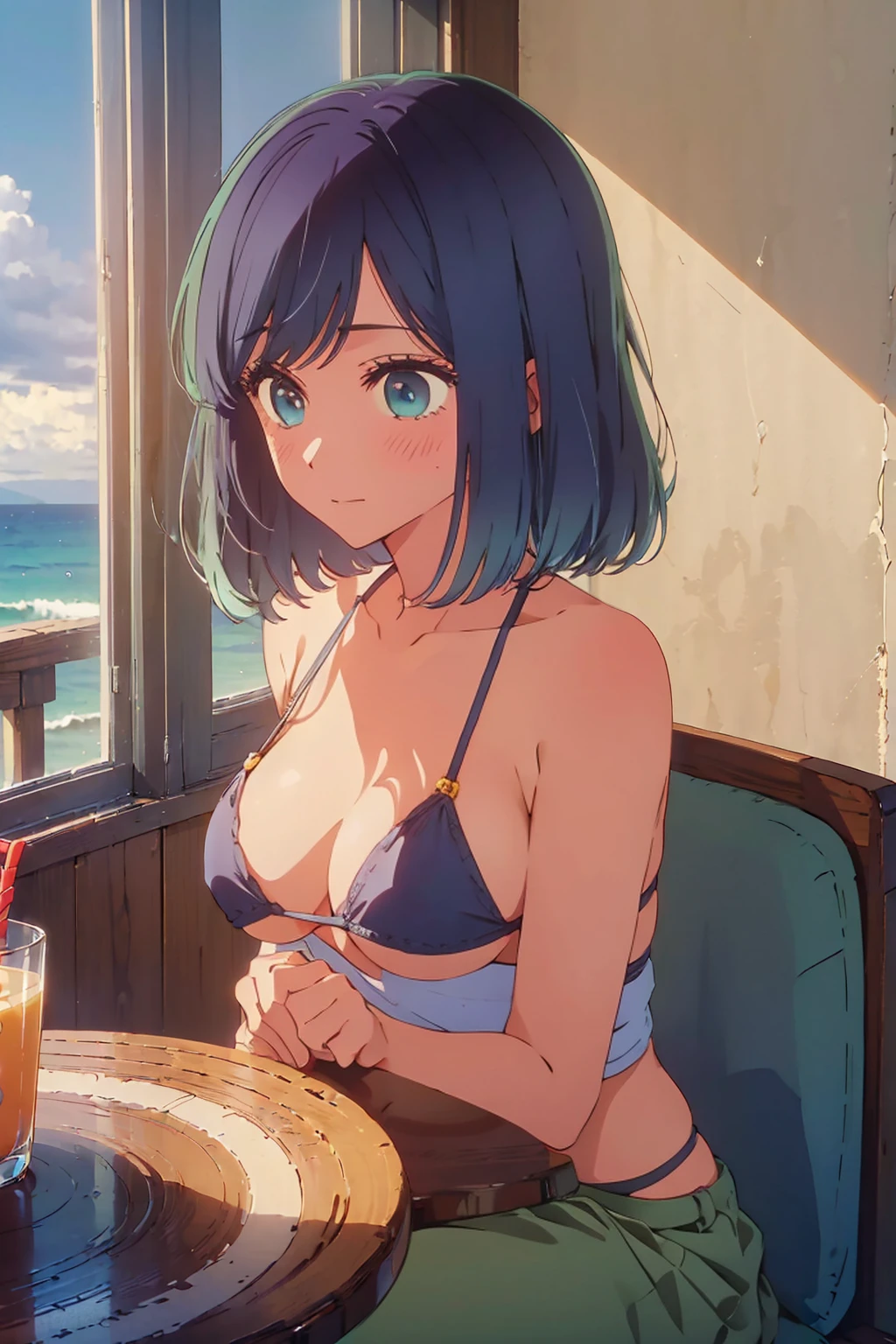 (Highest quality:1.4、masterpiece:1.4、Super detailed:1.4、8k:1.4)、((((1 person、Surprised expression、sit、Indoor cafe terrace、coastal、juice、table、Sandy Beach、juiceのグラスを持つ、Sunset lit beach、Warm rays of the sun、Micro Bikini、Very soft 、Big eyes、Very cute face))))、F cup bust、Medium breast、Underboob