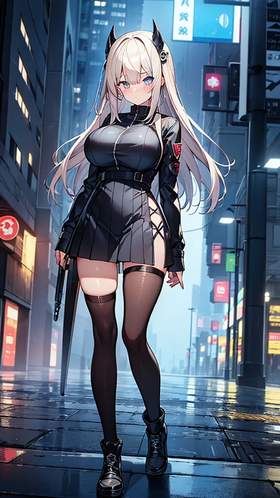 Full body image, フロント, One girl, 18-year-old, Mix 4, (32k, RAW Photos, Highest quality, masterpiece:1.2), (Anime-like, photoAnime-like:1.37), cute, ミニスカートのドレス, night, rain, Humidity, Professional Lighting, Photon Mapping, Radio City, Physically Based Rendering, Super Resolution, (Big Breasts:1.2), {{The biological weapon that had preyed on the younger sister took her place and reunited with the older brother.}}, Girl Skull, whole body, NSFW