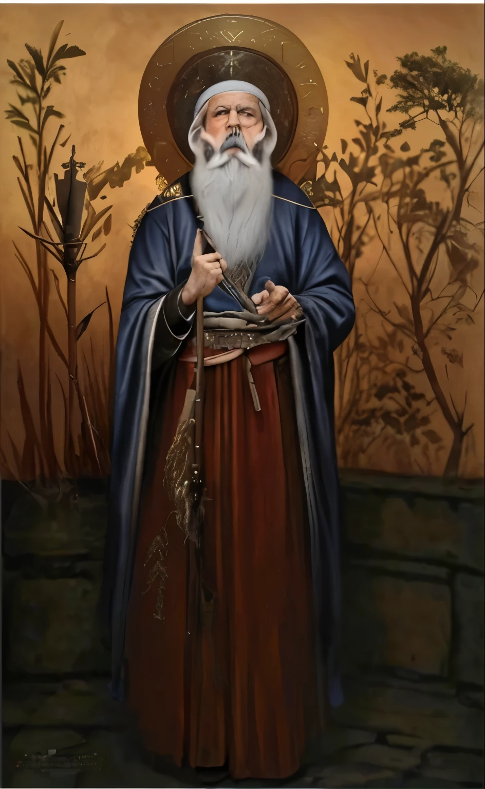 an old man with white beard , wears old roman clothes , hold a stick in his right hand , stand in grove, ring of light around his head , orthodox saint, beautiful face , dark mode background , realistic