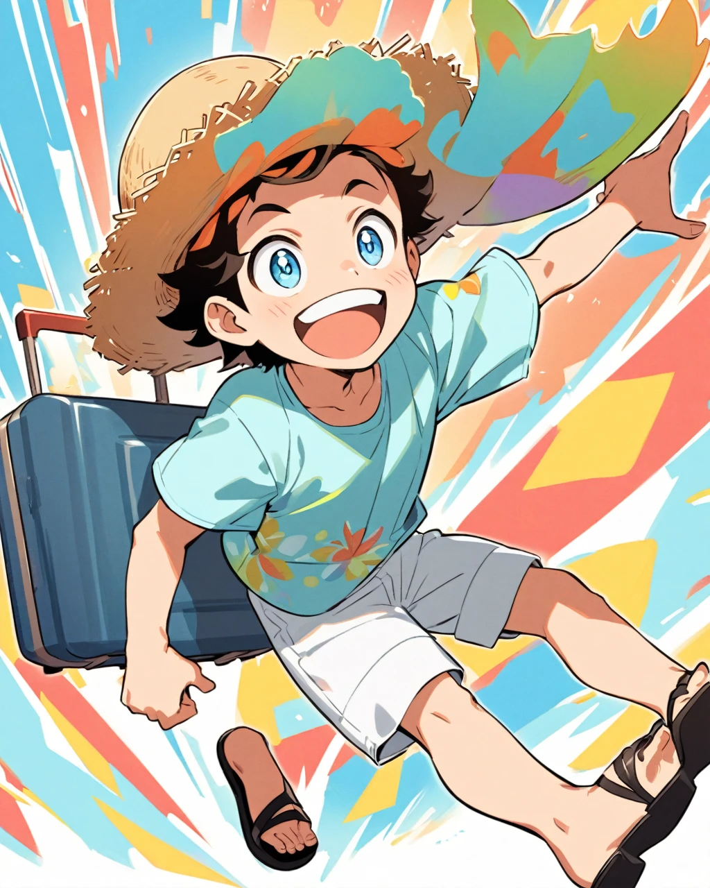 "A cheerful boy in an anime style is posing with a light blue shirt and shorts, a straw hat, and black sandals. He holds a small blue suitcase and airline tickets, looking excited and happy. His expression is joyful with wide eyes and a big smile. The background is a simple light blue color that complements his outfit, giving the illustration a bright and vibrant feel."