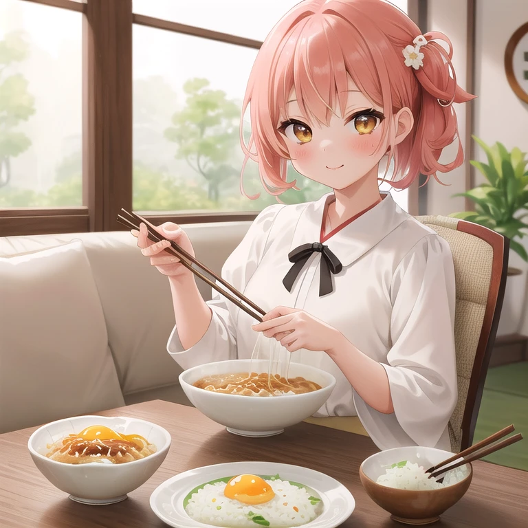 ultra-detailed,masterpiece,best quality,1girl,blouse,girl focus living room,table,chair,rice,fried egg with bacon on plate,rice bowl,(nattou),miso soup,chopstick,