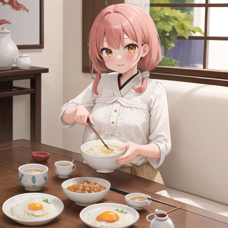 ultra-detailed,masterpiece,best quality,1girl,blouse,girl focus living room,table,chair,rice,fried egg with bacon on plate,rice bowl,(nattou),miso soup,chopstick, 