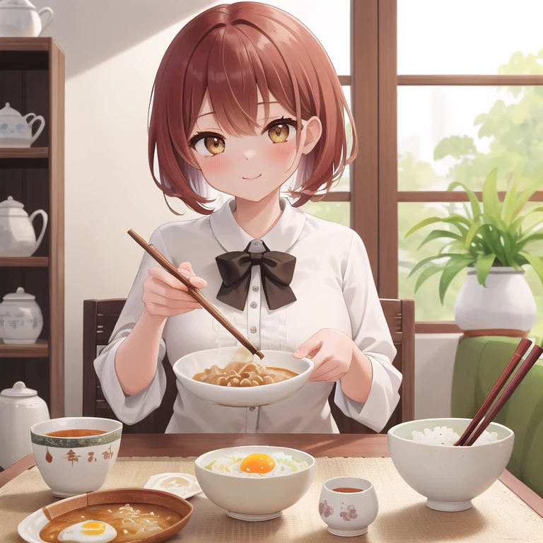 ultra-detailed,masterpiece,best quality,1girl,blouse,girl focus living room,table,chair,rice,fried egg with bacon on plate,rice bowl,(nattou),miso soup,chopstick,