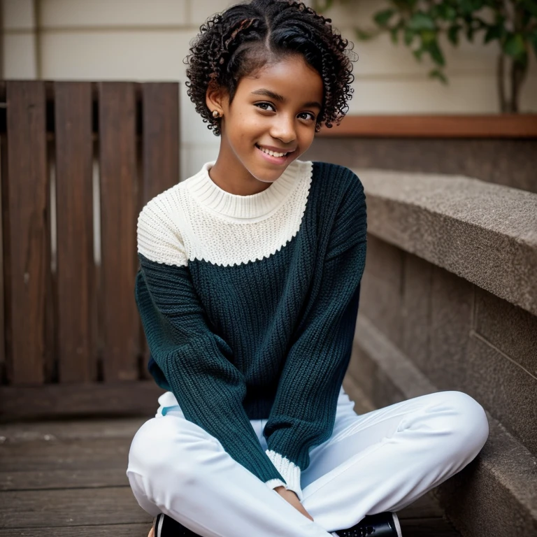 One  androgynous girl, black , copper skin, black short curly hair, (curly hair), pixie cut, shaved hair on the sides, colored highlights, blue highlights, green highlights, red highlights, purple highlights, one young girl wearing a black skeleton knitted sweater and off-white pants with black combat boots, (cute), freckles, dark green eyes, black and white  colorscheme, cute pose, excited pose, dynamic pose, fun pose, smiling, in love, sitted cris-cross on a counch arm, sitting wrong, holding a calico cat, cute cat, sleeping cat,