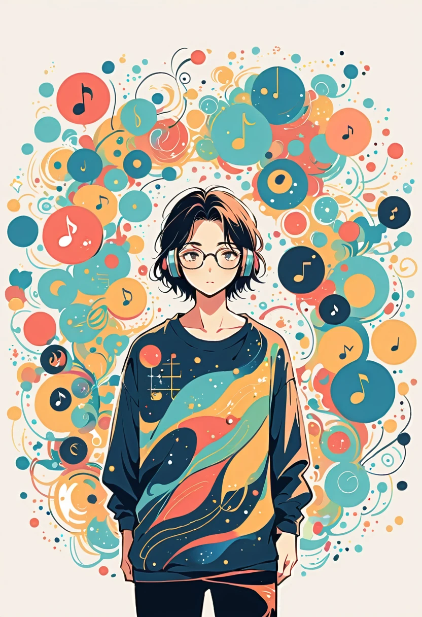 Watase Seizo style, Standing in front of a wall,Simple line initials,Abstract art,The World of Musical Notes, Wear headphones, Large black-rimmed glasses, (((The most beautiful men))), (((a bit)))