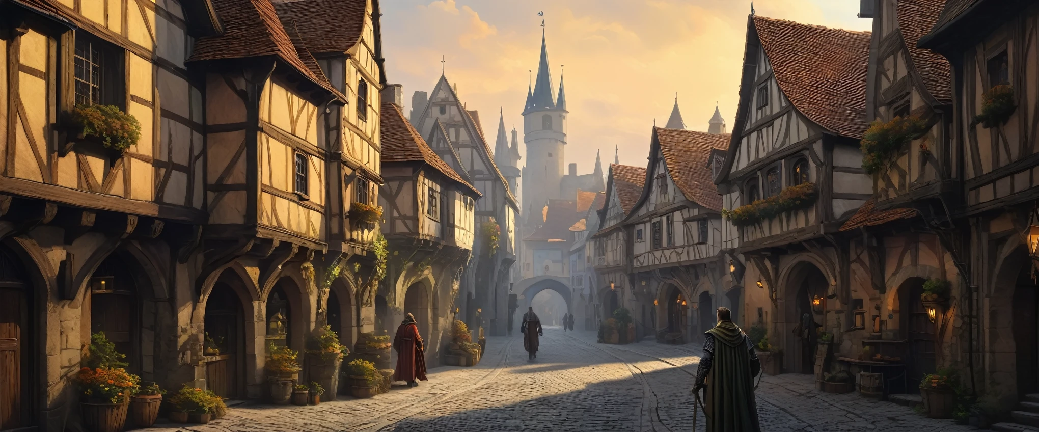 ((masterpiece, high quality, artgerm, artstation, beautiful)), there is a painting of a man walking down a street in a medieval town, medeival Fantasiestadt, medieval town, medieval town, A busy, magical city, medieval fantasy art, Fantasiestadt setting, in a medieval town, medieval fantasy gaming, a medieval town, Fantasiestadt, medieval town landscape, medieval fantasy illustration, Burgstadt, Fantasy cityscape, inspired by michael whelan, andreas rocha, john howe, mœbius
