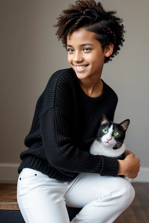 One thirteen years old androgynous girl, black , copper skin, black short curly hair, (curly hair), pixie cut, shaved hair on the sides, colored highlights, blue highlights, green highlights, red highlights, purple highlights, one young girl wearing a black skeleton knitted sweater and off-white pants with black combat boots, (cute), freckles, dark green eyes, black and white  colorscheme, cute pose, excited pose, dynamic pose, fun pose, smiling, in love, sitted cris-cross on a counch arm, sitting wrong, holding a calico cat, cute cat, sleeping cat,