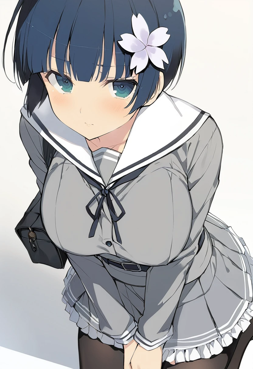 masterpiece, best quality, 
yozakura (senran kagura), 1girl, solo, short hair, blue hair, blue eyes, large breasts, hair ornament, hair flower, 
flower, emblem, 
white background, looking at viewer, 

Yozakura_School, , white sailor collar, grey jacket, black buttons, grey skirt, skirt frills, neck ribbon, grey belt, black pantyhose, grey loafers, 