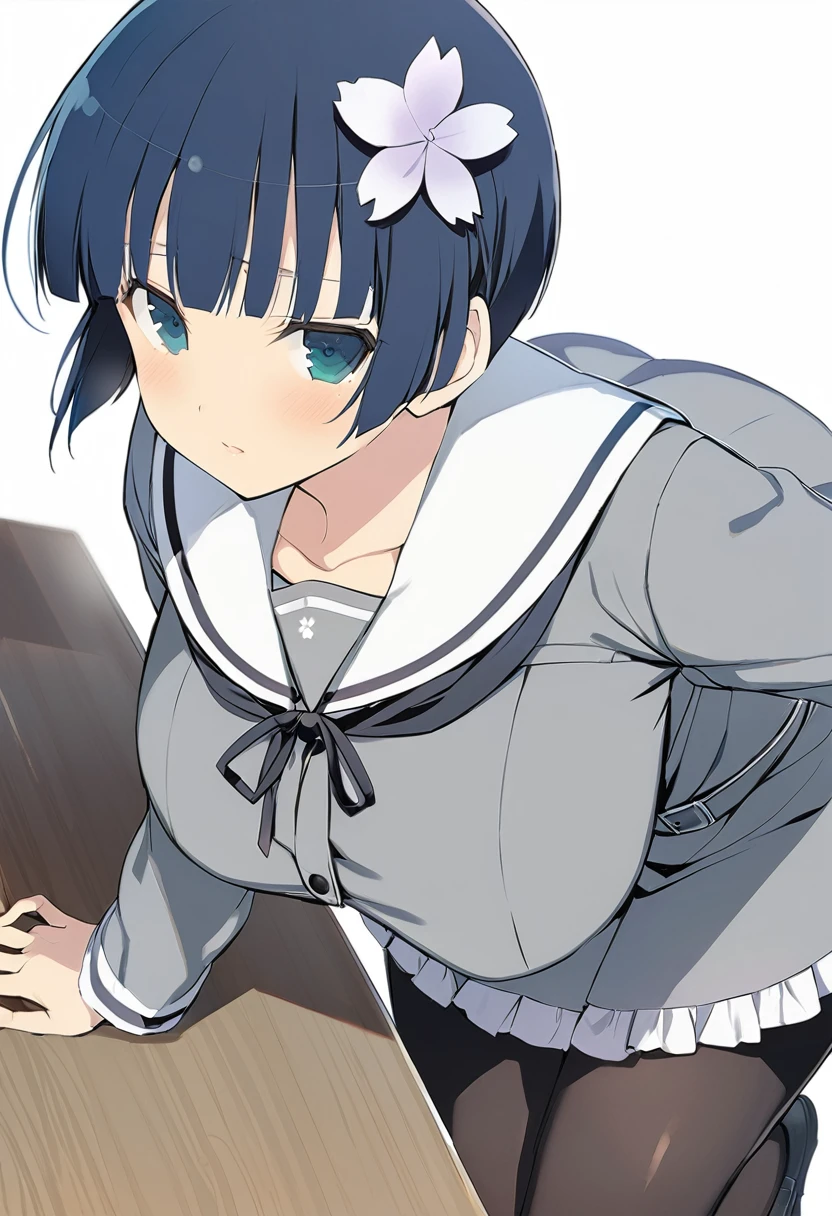 masterpiece, best quality,
yozakura (senran kagura), 1girl, solo, short hair, blue hair, blue eyes, large breasts, hair ornament, hair flower,
flower, emblem,
white background, looking at viewer,
Yozakura_School, , white sailor collar, grey jacket, black buttons, grey skirt, skirt frills, neck ribbon, grey belt, black pantyhose, grey loafers,