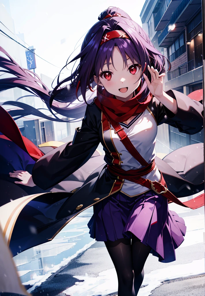 yuukikonno, Konno Yuuki, Long Hair, Pointed Ears, Purple Hair, (Red eyes:1.5), (Small breasts:1.2), Open your mouth,happy smile, smile, Open your mouth,hair band,low ponytail,Red Scarf,Purple long coat,V-neck sweater,Long skirt,Black pantyhose,short boots,snowが降っている,snowが降り積もっている,snow,snow,snow,snow,winter,Cold night,Walking,whole bodyがイラストに入るように,Looking down from above,
break looking at viewer, whole body,
break outdoors, In town,
break (masterpiece:1.2), Highest quality, High resolution, unity 8k wallpaper, (figure:0.8), (Beautiful attention to detail:1.6), Highly detailed face, Perfect lighting, Highly detailed CG, (Perfect hands, Perfect Anatomy),