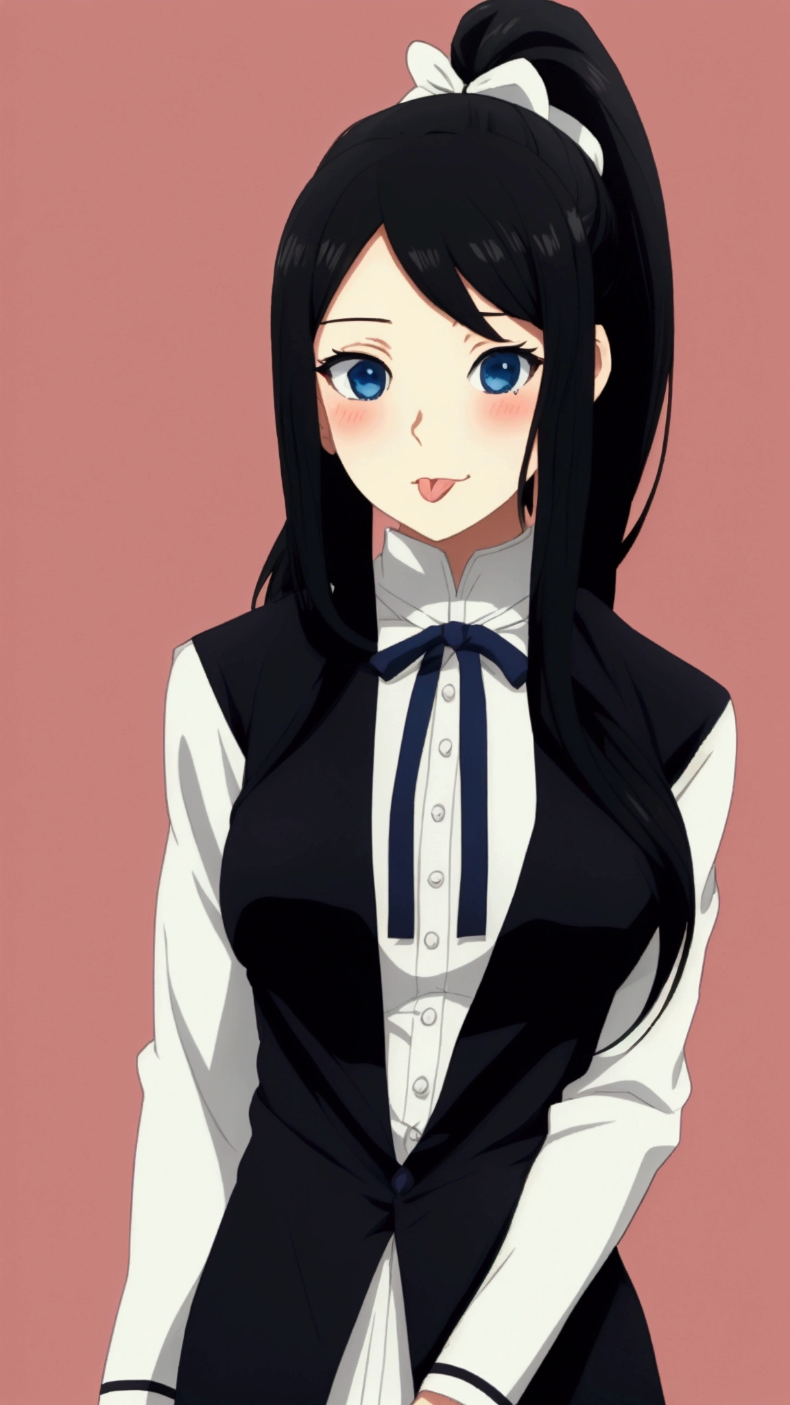 One girl, masterpiece, High resolution, Anatomically correct, ponytail, Blushing, blue eyes, tongue, ribbon, far and near method, Anime Style, Black Hair, Long Hair, Simple Background,
