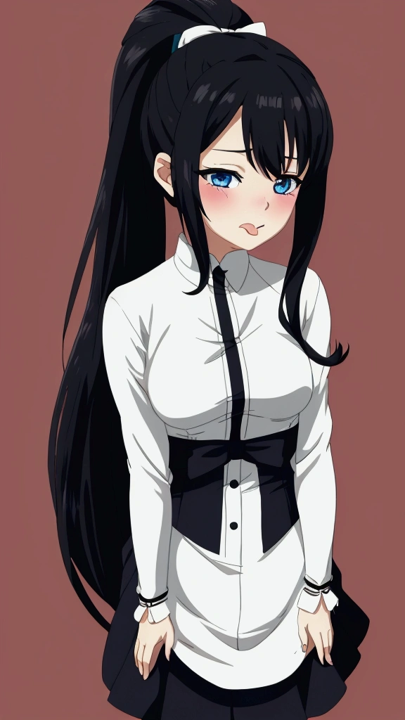 One girl, masterpiece, High resolution, Anatomically correct, ponytail, Blushing, blue eyes, tongue, ribbon, far and near method, Anime Style, Black Hair, Long Hair, Simple Background,