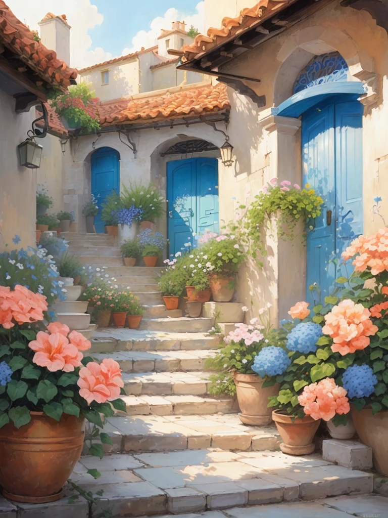 A painting of a courtyard with potted flowers and a blue gate, More potted flowers，author：Arthur Pan, Inspired by Guido Borelli da Caruso, author Pierre Roy, author：Albert Kotin, author：Bernard D&#39;Andrea, Beautiful digital artwork, author：Igor Grabar, author：Kim Eung-hwan, Pablo Munoz Gomez, by Li Mei-shu, author：Rob Alexander