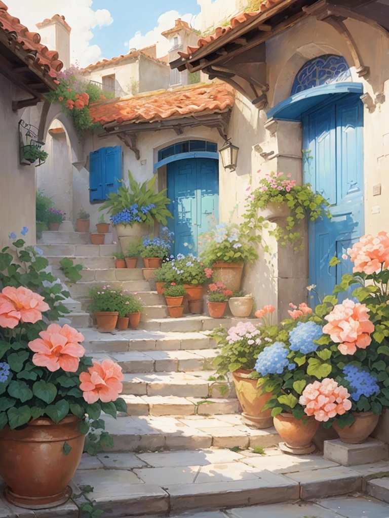 A painting of a courtyard with potted flowers and a blue gate, More potted flowers,author:Arthur Pan, Inspired by Guido Borelli da Caruso, author Pierre Roy, author:Albert Kotin, author:Bernard D'Andrea, Beautiful digital artwork, author:Igor Grabar, author:Kim Eung-hwan, Pablo Munoz Gomez, by Li Mei-shu, author:Rob Alexander