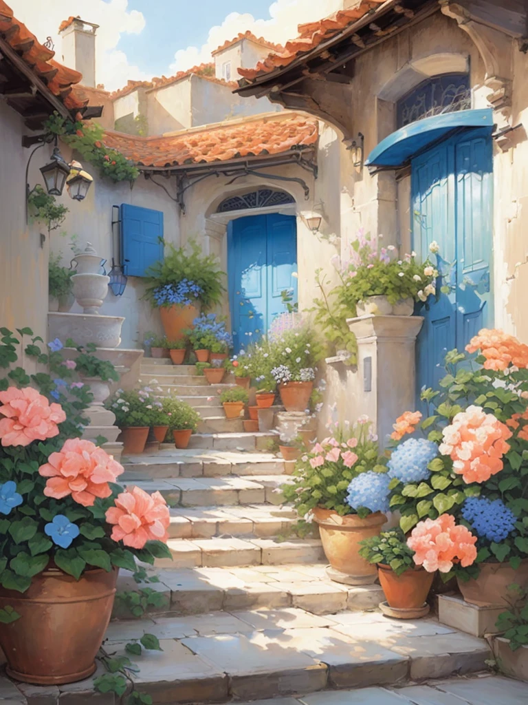 A painting of a courtyard with potted flowers and a blue gate, More potted flowers,author:Arthur Pan, Inspired by Guido Borelli da Caruso, author Pierre Roy, author:Albert Kotin, author:Bernard D'Andrea, Beautiful digital artwork, author:Igor Grabar, author:Kim Eung-hwan, Pablo Munoz Gomez, by Li Mei-shu, author:Rob Alexander