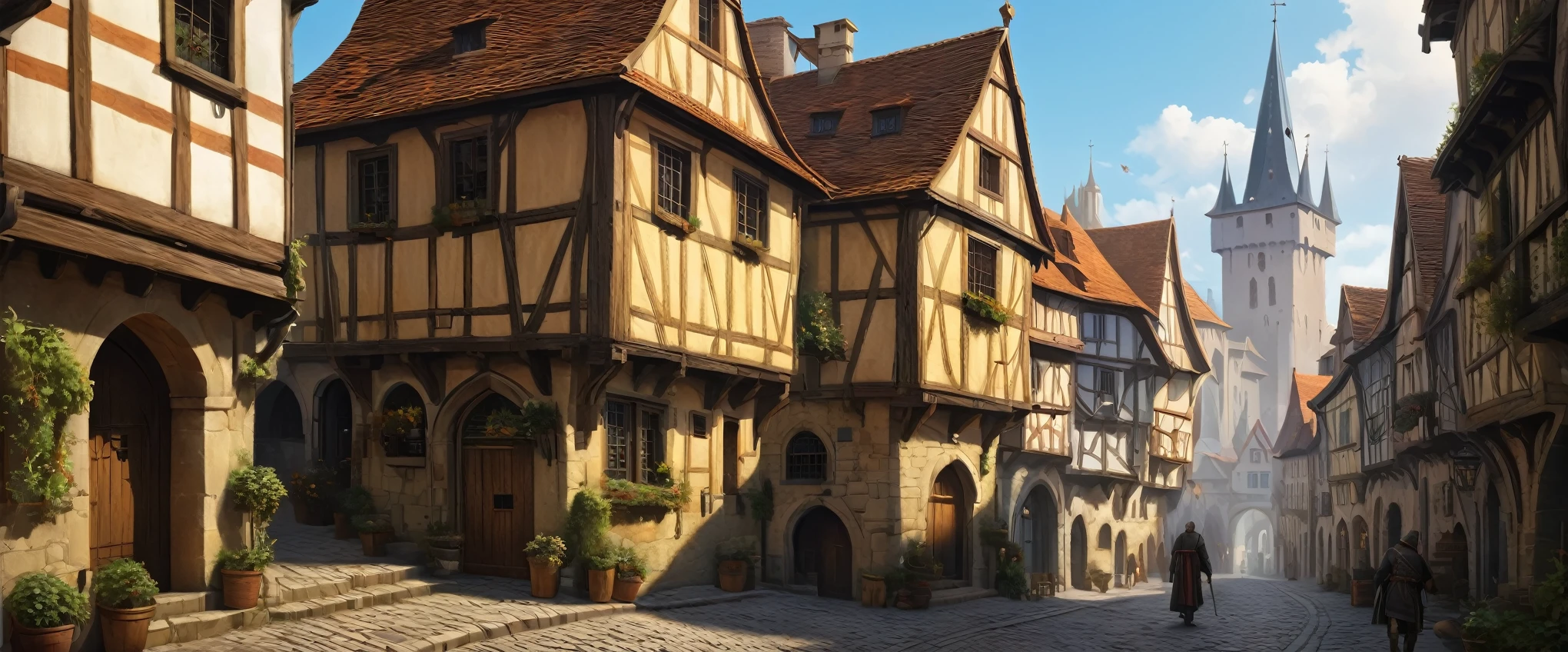 

((​masterpiece, high quality, artgerm, artstation, beautiful)), there is a painting of a man walking down a street in a medieval town, medeival Fantasiestadt, medieval town, medieval town, A busy, magical city, medieval fantasy art, Fantasiestadt setting, in a medieval town, medieval fantasy gaming, a medieval town, Fantasiestadt, medieval town landscape, medieval fantasy illustration, Burgstadt, Fantasy cityscape, inspired by michael whelan, andreas rocha, john howe, mœbius