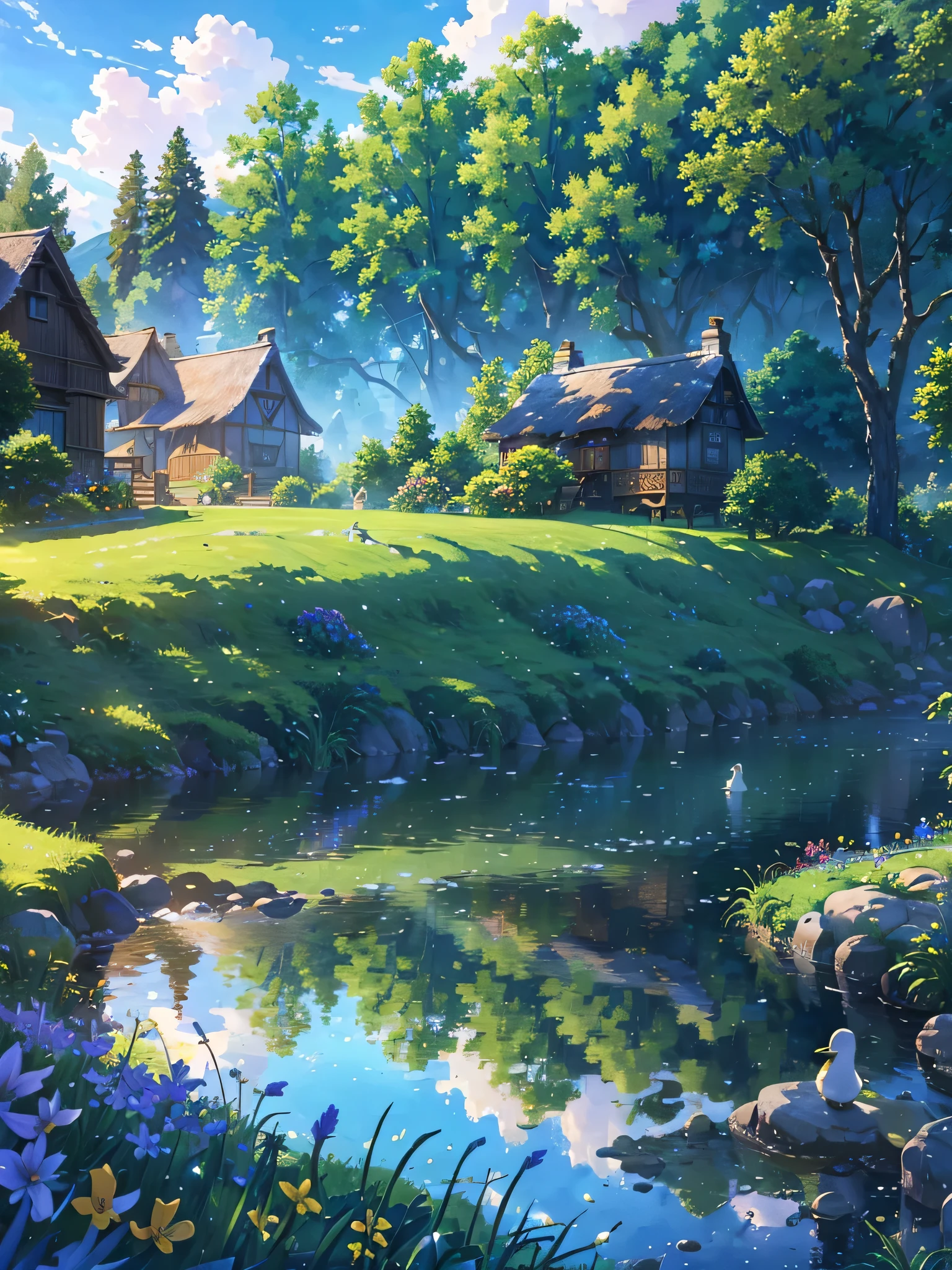 a cottage in a lush green meadow by a beautiful riverside, blue sky with fluffy white clouds, detailed stone walls, thatched roof, wooden beams, window boxes with colorful flowers, reflections in the calm river, ducks swimming, weeping willows along the riverbank, rolling hills in the distance, idyllic pastoral scene, (best quality,4k,8k,highres,masterpiece:1.2),ultra-detailed,(realistic,photorealistic,photo-realistic:1.37),vibrant colors,natural lighting,detailed architecture