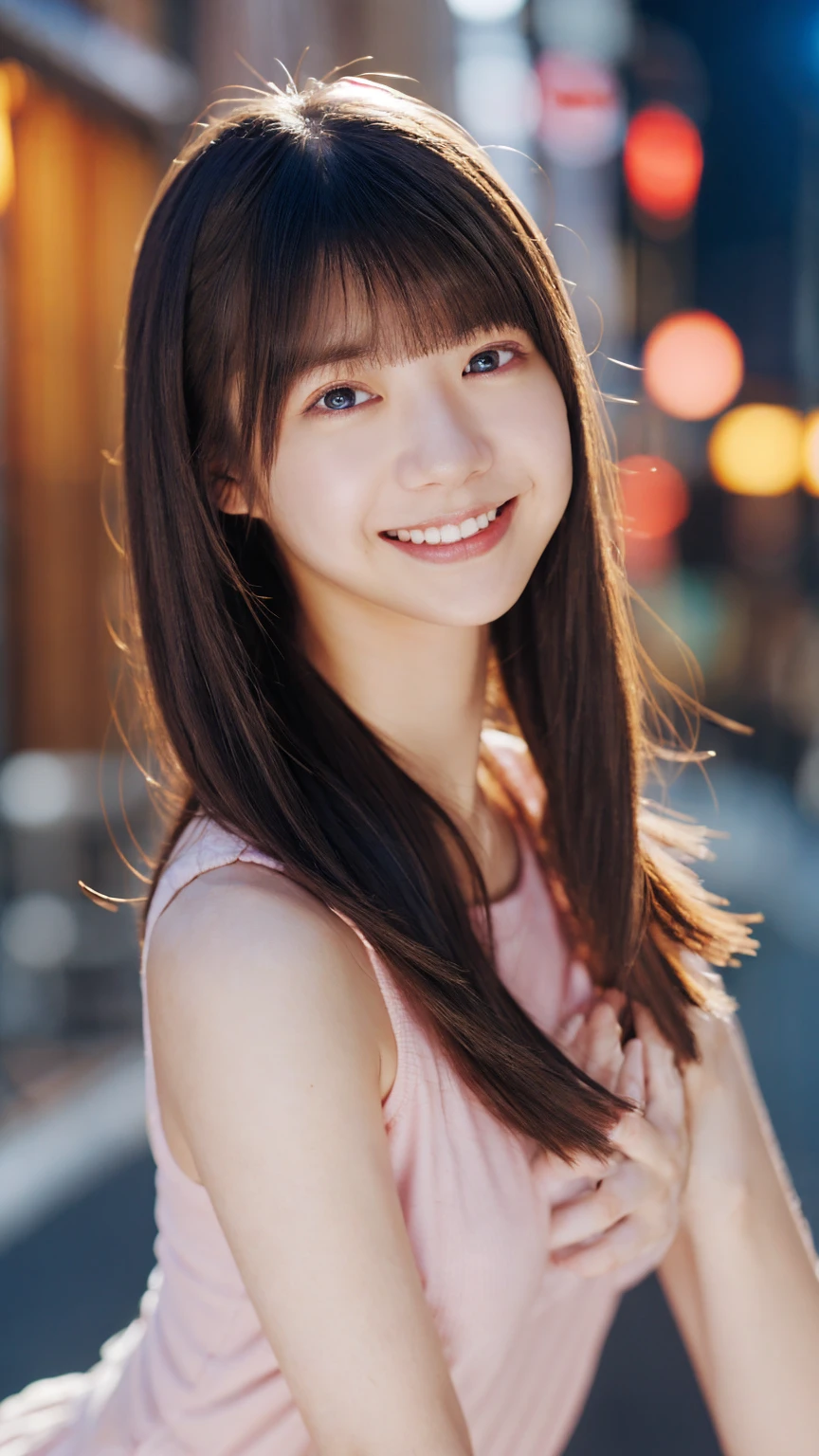 1girl,(wearing a knit neck tanktop),(RAW photo, best quality), (realistic, photo-realistic:1.4), masterpiece, an extremely delicate and beautiful, extremely detailed, 2k wallpaper, Amazing, finely detail, extremely detailed CG unity 8k wallpaper, ultra-detailed, highres, soft light, beautiful detailed girl, extremely detailed eyes and face, beautiful detailed nose, beautiful detailed eyes,cinematic lighting,city lights at night,perfect anatomy,slender body,light smile,close up,(long hair with bangs), big breast size, potrait, looking at viewer.