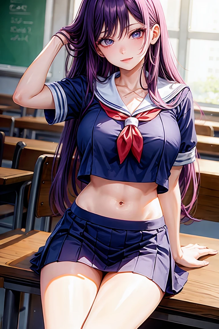 woman, sexy woman, mature female, mommy, long purple hair, res eyes, sharp eyes, detailed lips, big breast, short sleeves sailor uniform, sit, classroom, evil smiling, seductive lips, adjusting hair, skirt, hunter eyes, look from below, slighty midriff, 