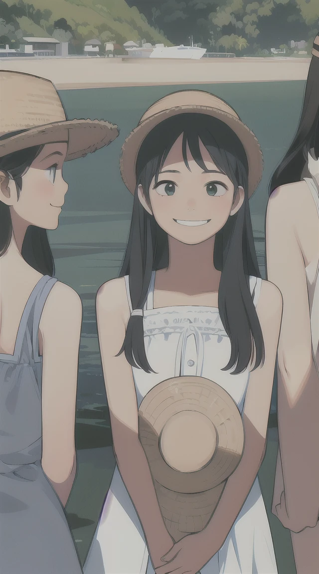 masterpiece, Highest quality, High resolution, Very detailed,(((Multiple Girls))), (((Three Girls)))、(((Straw hat。)))、(((smile)))、(((Waterfront)))、White dress, Plants