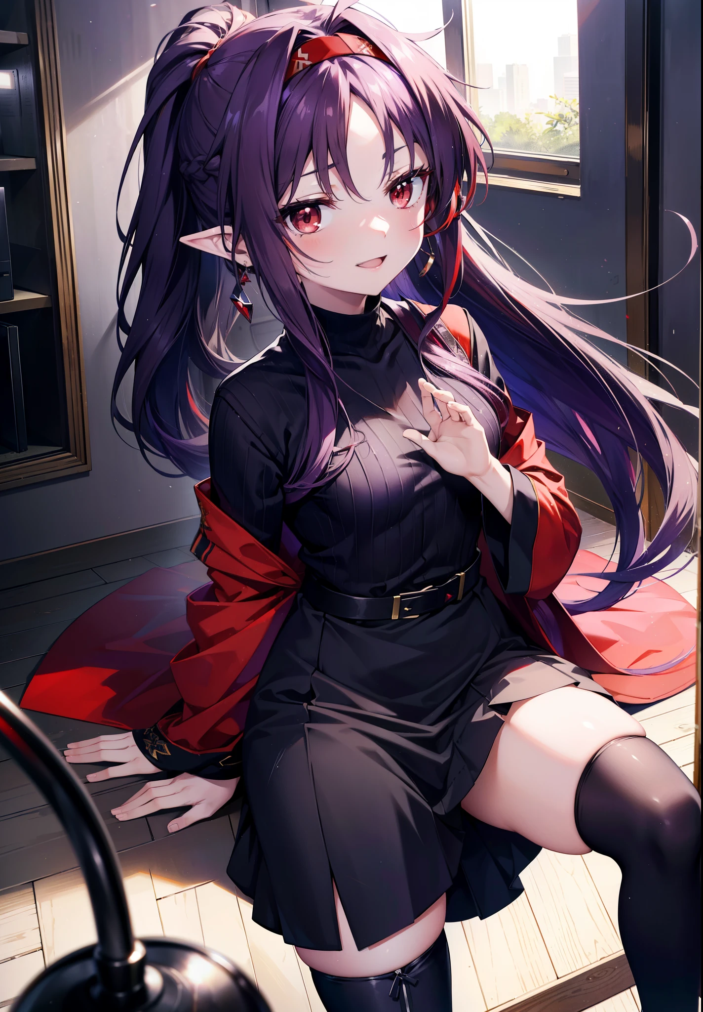 yuukikonno, Konno Yuuki, Long Hair, Pointed Ears, Purple Hair, (Red eyes:1.5), (Small breasts:1.2), Open your mouth,happy smile, smile, Open your mouth,hair band,low ponytail,V-neck sweater,Long skirt,Black pantyhose,short boots,whole bodyがイラストに入るように,
break looking at viewer,  whole body,
break indoors, room,
break (masterpiece:1.2), Highest quality, High resolution, unity 8k wallpaper, (figure:0.8), (Beautiful attention to detail:1.6), Highly detailed face, Perfect lighting, Highly detailed CG, (Perfect hands, Perfect Anatomy),