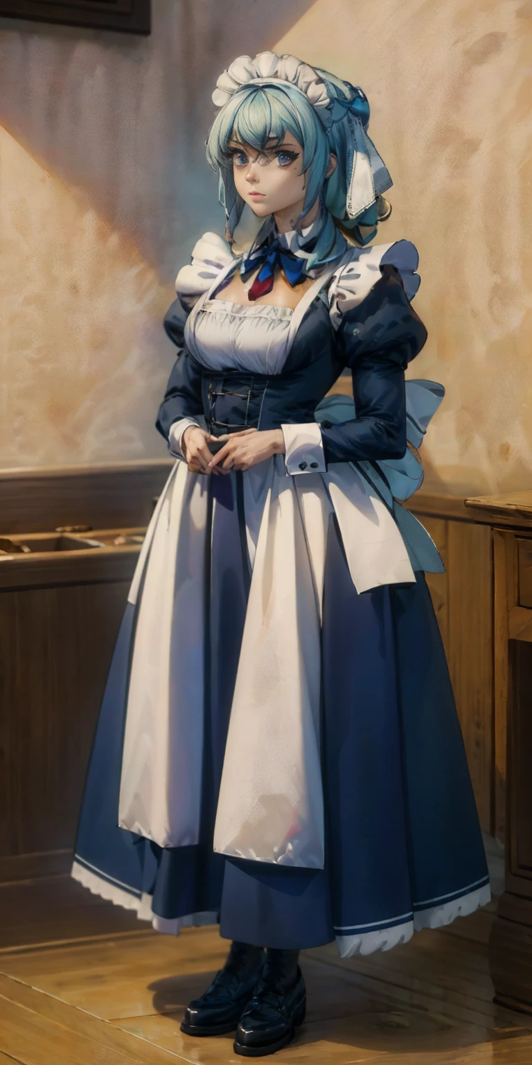(masterpiece, top quality, best quality) pixel art, 1girl full body toe to head, blue maid dress