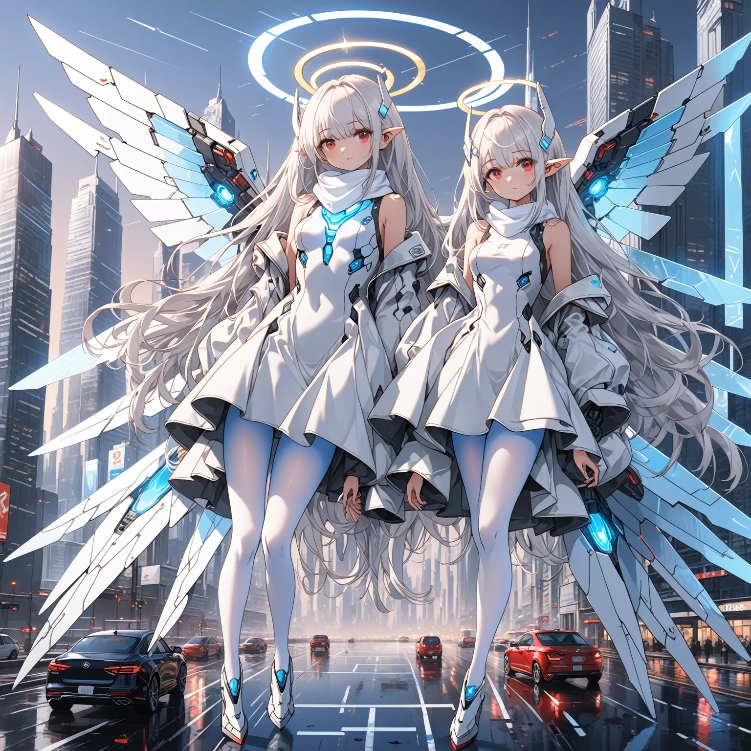 masterpiece, highest quality, highest resolution, clear_image, detailed details, white hair, long hair, 1 girl, car ears, red eyes, futuristic wings, futuristic halo, white sci fi mecha dress, white scarf (around the neck withn a light blue glow), white pantyhose, full body, no water marks, city