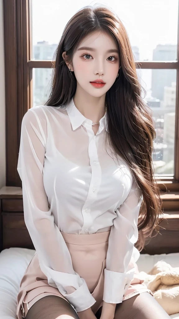 ((Top Best quality, 8k, Masterpiece :1.3)), Sharp focus :1.3, A 18 years old with perfect figure :1.3, Slender abs :1.3, korean , ((K-Pop idols)), 、((fullbody)), high resolution, ((detailed office uniform)), ((detailed white shirt)), ((detailed pantyhose)) ((detailed short skirt)), ((detailed super beautiful face)), ((detailed eyes)), ((The large master garden )), , fair white skin、shiny white skin、(wavy blonde hair)、(()), (the large garden central luxury), Top image quality、ultra-high-resolution、18-year-old Korean、beauty breasts, fair white skin、shiny white skin、bright silver long hair、light white long hair、、Beautiful eyes with random colors、Very thin lipeautiful eyes finely detailed、elongated eyes、pale pink blush、long eyelash、Beautiful double eyelids、eyeshadows、neckless、耳Nipple Ring、 dark brown hair、dark brown hair、Beautiful eyes with random colors、very thin lips, finely detail、elongated eyes、pale pink blush、long eyeslashes、Smilling, Beautiful double eyelid、Lighting that emphasizes beautiful skin、Lustrous skin 2, ((Layered long hair, Beautiful breasts)) , Highly detailed face and skin texture, Detailed eyes, Double eyelid, night city view to window ,