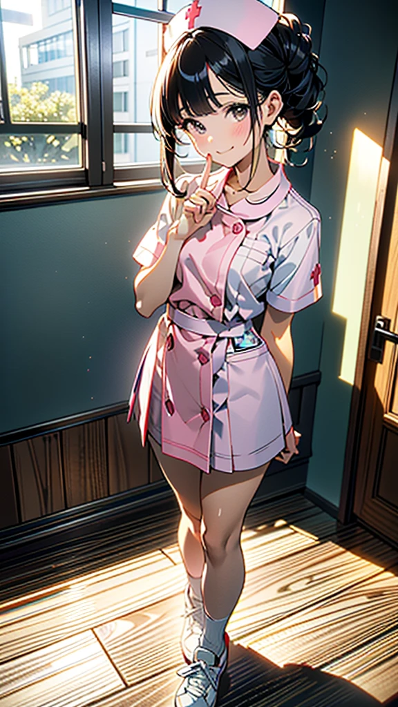 (8k, RAW Photos, 最high quality, masterpiece:1.2), high qualityのRAWカラー写真, Professional photo shoot, Cinematic Light, alone, (((young woman, Gal))), (Sharp features), (Small face), (Skin with attention to detail:1.2), clavicle, Cute Face, Beautiful appearance, Long eyelashes,Girl Turning Around, smile, (Black Hair, Tied Hair),  ((nurse, mini skirt)), White sneakers,,Embarrassed, Artistic painting,Attractive thighs, (Very nice touch:1.2),はにかんだsmile), Peaceful atmosphere, Oil painting style, Bright colors, (Are standing:1.5, Inside the hospital, Full body portrait), Smooth texture, Gazing Eyes, Beautiful Skin, Glowing Skin, ((Perfect Fingers, Five Fingers, Anatomically correct)), Background Blur, high quality, Surreal, ((Very detailed, photo shoot)),Many people々、blush、Plump、ピッタリとしたエッチなnurse服