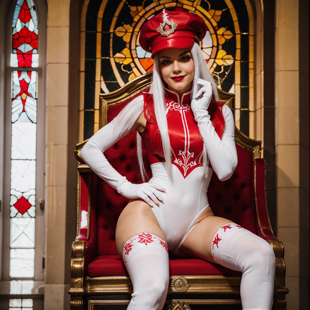 woman, red and white outfit, red hat, white gloves, red boots, has long white hair, make-up, red thighhighs, scarlet cathedral, stained glass, murals, red eyes, wide hips, sitting, reclined pose, crossed legs, tall throne, serious, smile, (centered:1.2), front view