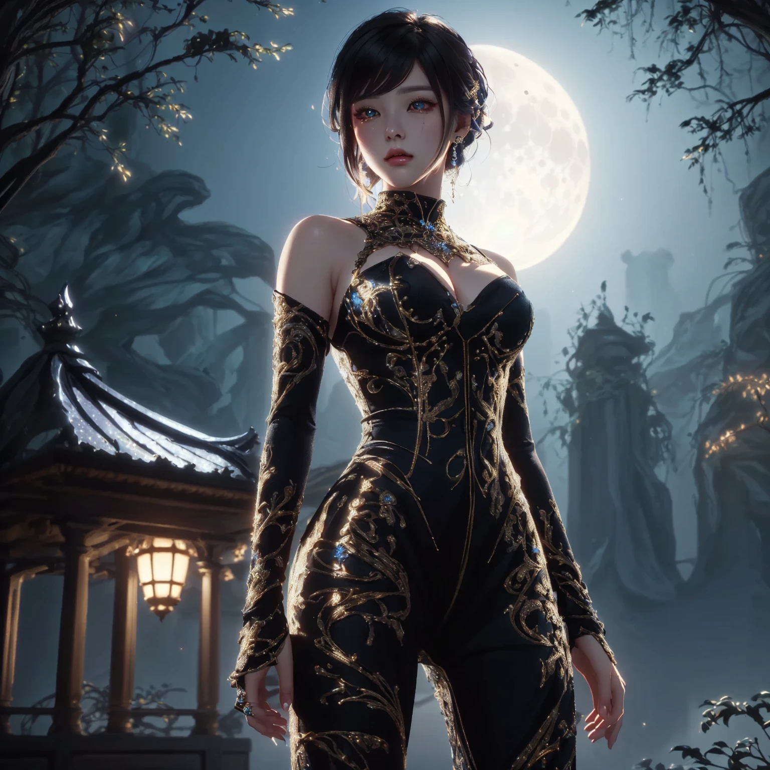 A woman in a black and gold dress stood in front of him staring., Excellent and neat character art, digital fantasy art ), Moon themed costume, High quality 8K detailed artwork., A succubus in a short, tight dress., By Yang J, Amazing CGI society, Amazing character art, fantasy style art, dark fantasy style art, fanart awesome artstation, Elegant cinematic fantasy art
