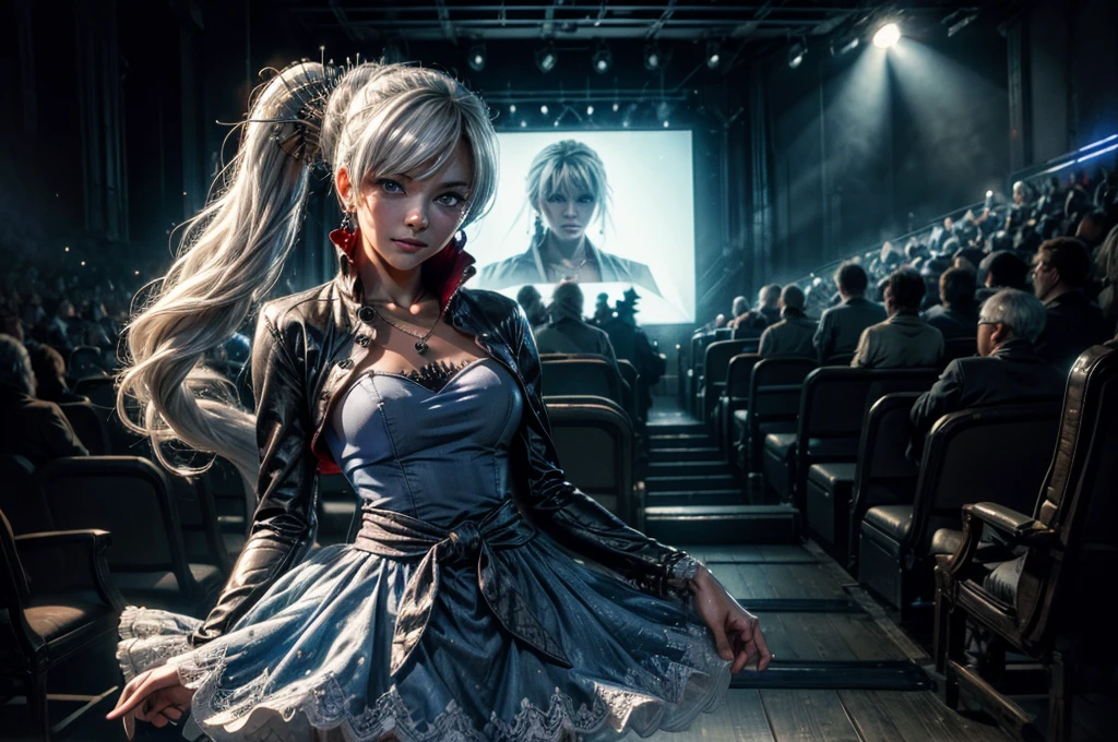 (masterpiece, best quality:1.2), cowboy shot, weissvale, smile, closed mouth, looking at viewer, long white hair, side ponytail, scar above eye, scar below eye, blue evening, dress jewelry, necklace, earrings, future_urban, standing in theater, on stage, orchestra, audience, crowd, (volumetric lighting), intricate details, tonemapping, sharp focus, hyper detailed