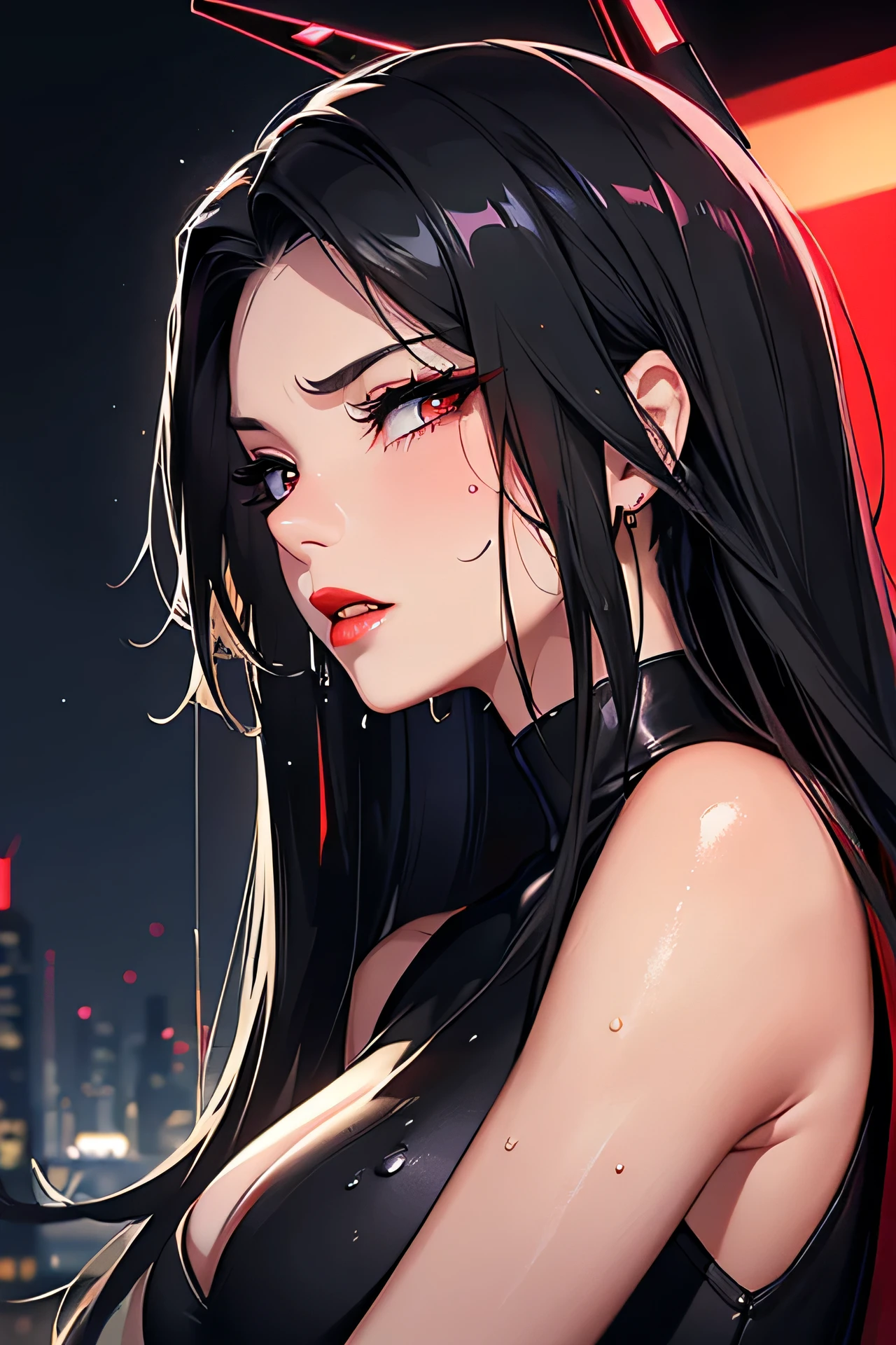 Amazing portrait of a sexy woman with her long black hair in a braided ponytail down her back and her face covered with amazing makeup including her seductive eyes with smoky eyeliner and her red lips parted wearing a brown short tank top that showcases her medium chest with cleavage layered with a brown short coat and a brown miniskirt that showcases get curvy hips and small waist